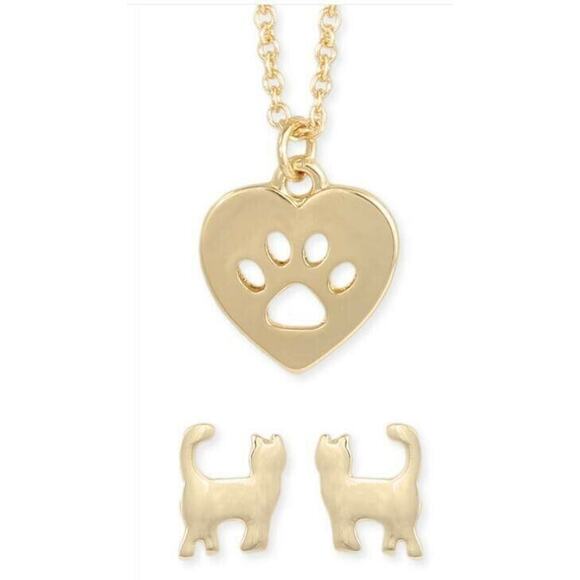 New Gold Felines Forever Cat Post Earring & Paw Cats Kittens Necklace Set - Picture 2 of 3